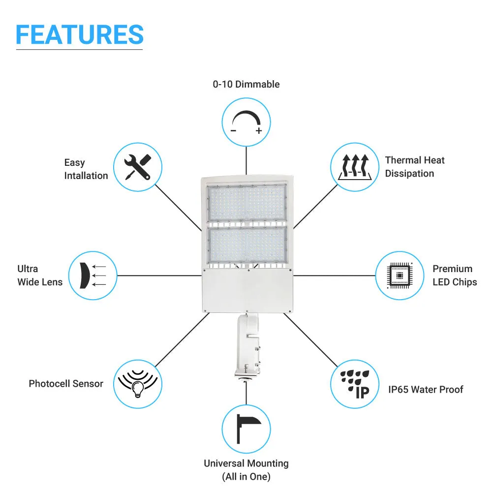 300W LED Pole Light With Photocell, White, 5700K, Equals 1050 Watt, Universal Mount, AC100-277V, Outdoor Area Lighting - LED Parking Lot Lights