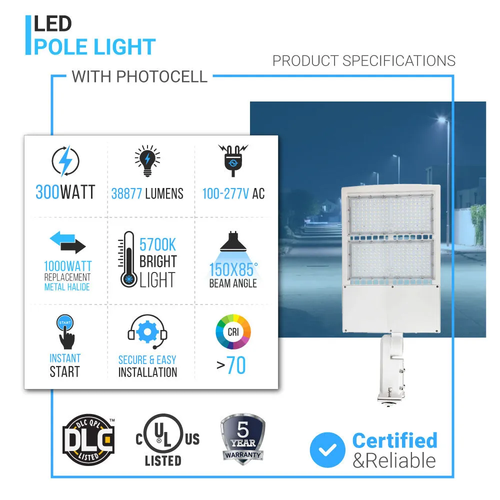 300W LED Pole Light With Photocell, White, 5700K, Equals 1050 Watt, Universal Mount, AC100-277V, Outdoor Area Lighting - LED Parking Lot Lights