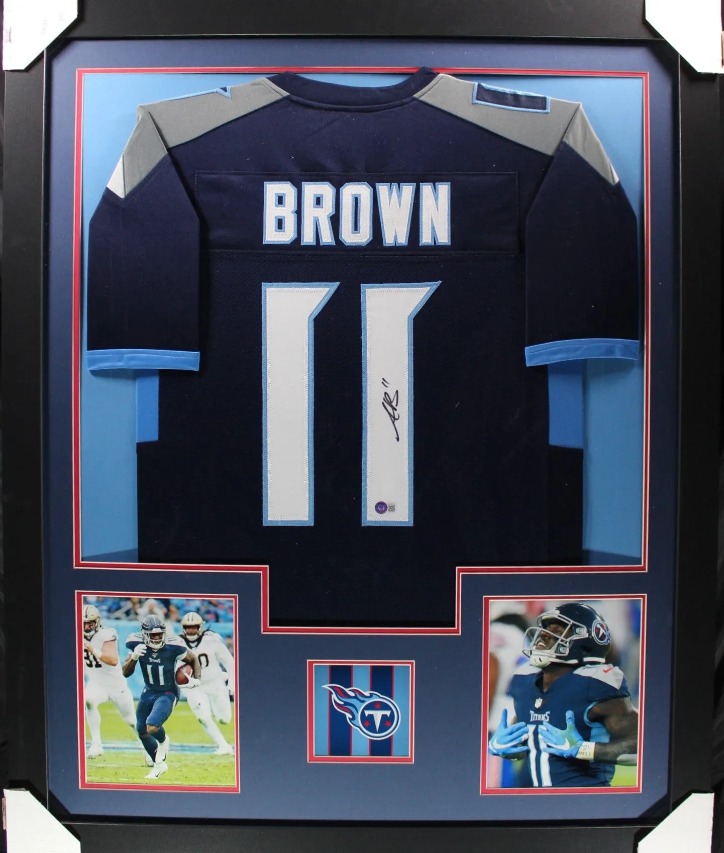 AJ Brown framed autographed dark blue jersey