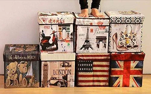Almand Portable & Foldable Laundry Box Cum Sitting Stool Folding Attractive Prints Pouffe/Sitting Stool/Stool/pouffes for Living Room/Puffy Stool (12" L×12" W ×12" H)(1 pcs)