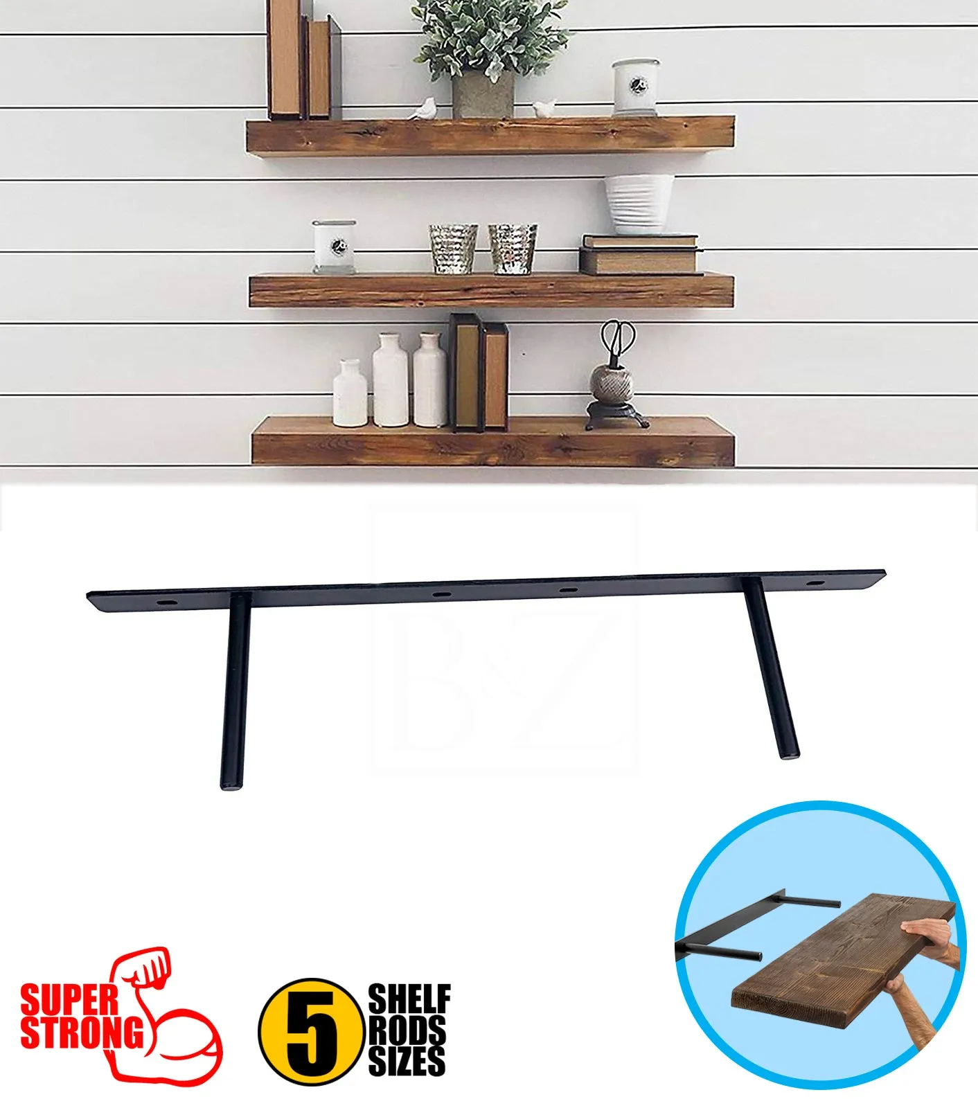 B&Z Custom Made Plate Shelf Brackets | Heavy Duty Floating Concealed Mantel Oak Shelf Support Wall Mount Scaffold Board Flying Shelve For Dry & Brick Wall - 5 Sizes