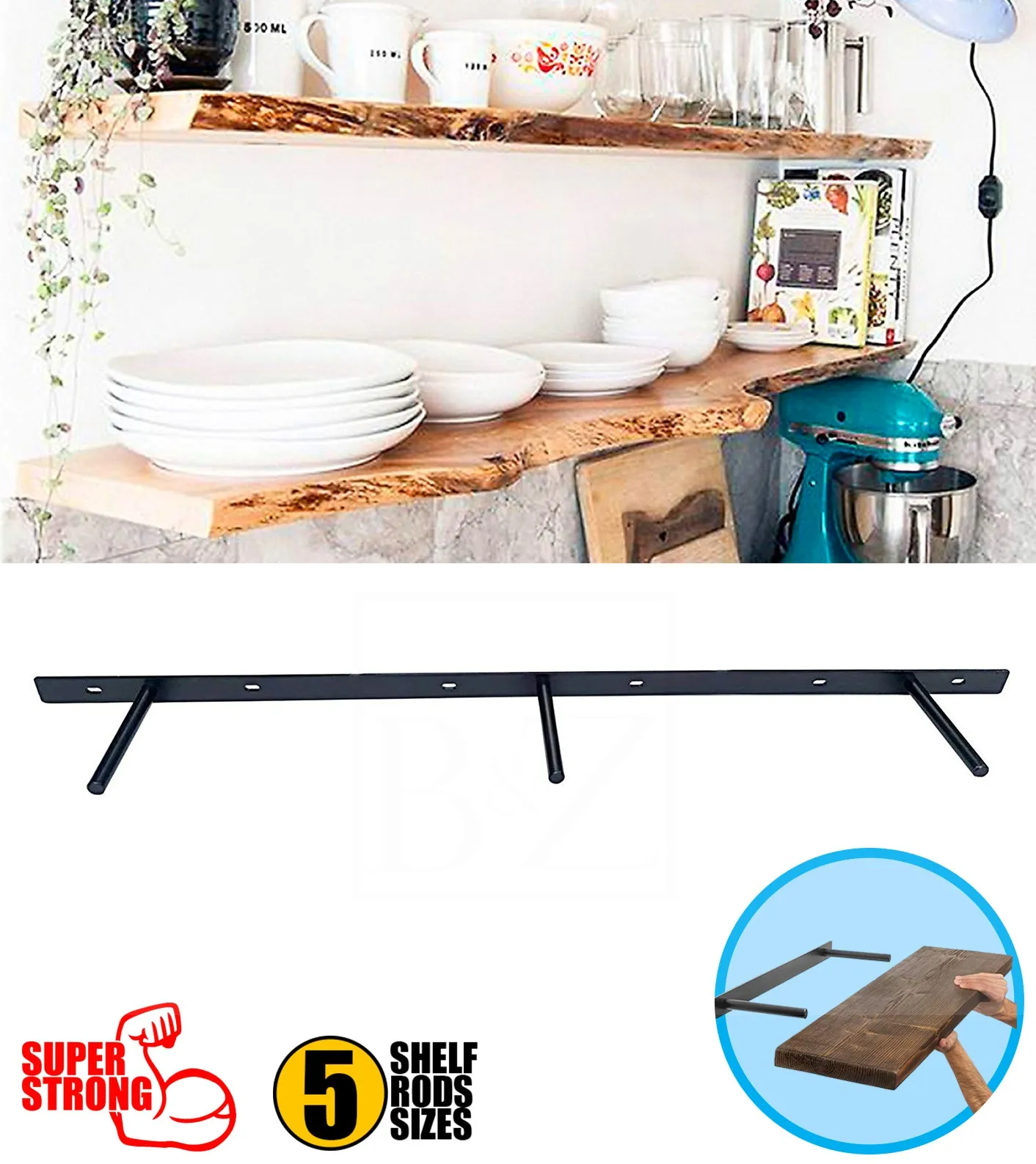 B&Z Custom Made Plate Shelf Brackets | Heavy Duty Floating Concealed Mantel Oak Shelf Support Wall Mount Scaffold Board Flying Shelve For Dry & Brick Wall - 5 Sizes