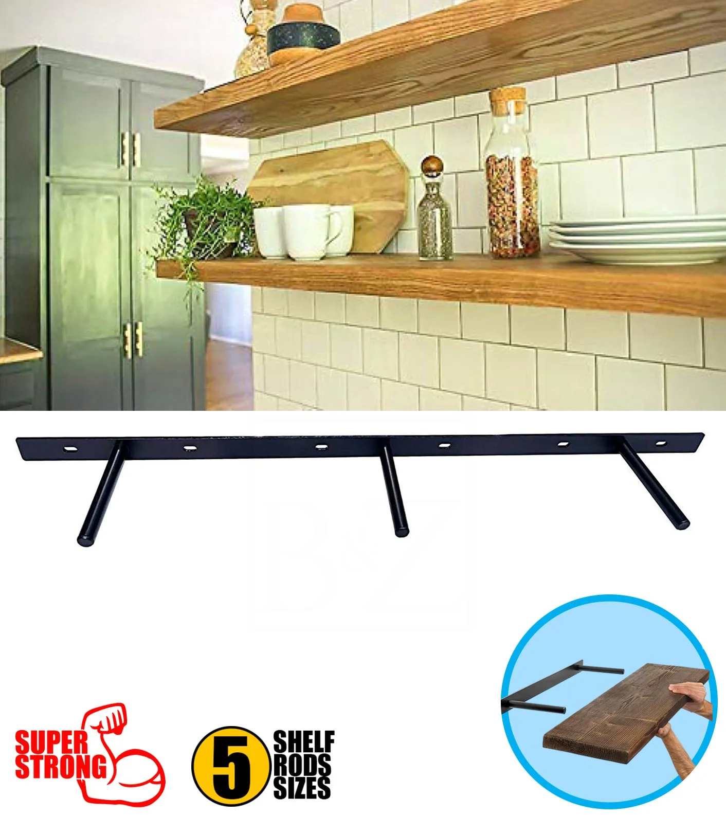 B&Z Custom Made Plate Shelf Brackets | Heavy Duty Floating Concealed Mantel Oak Shelf Support Wall Mount Scaffold Board Flying Shelve For Dry & Brick Wall - 5 Sizes