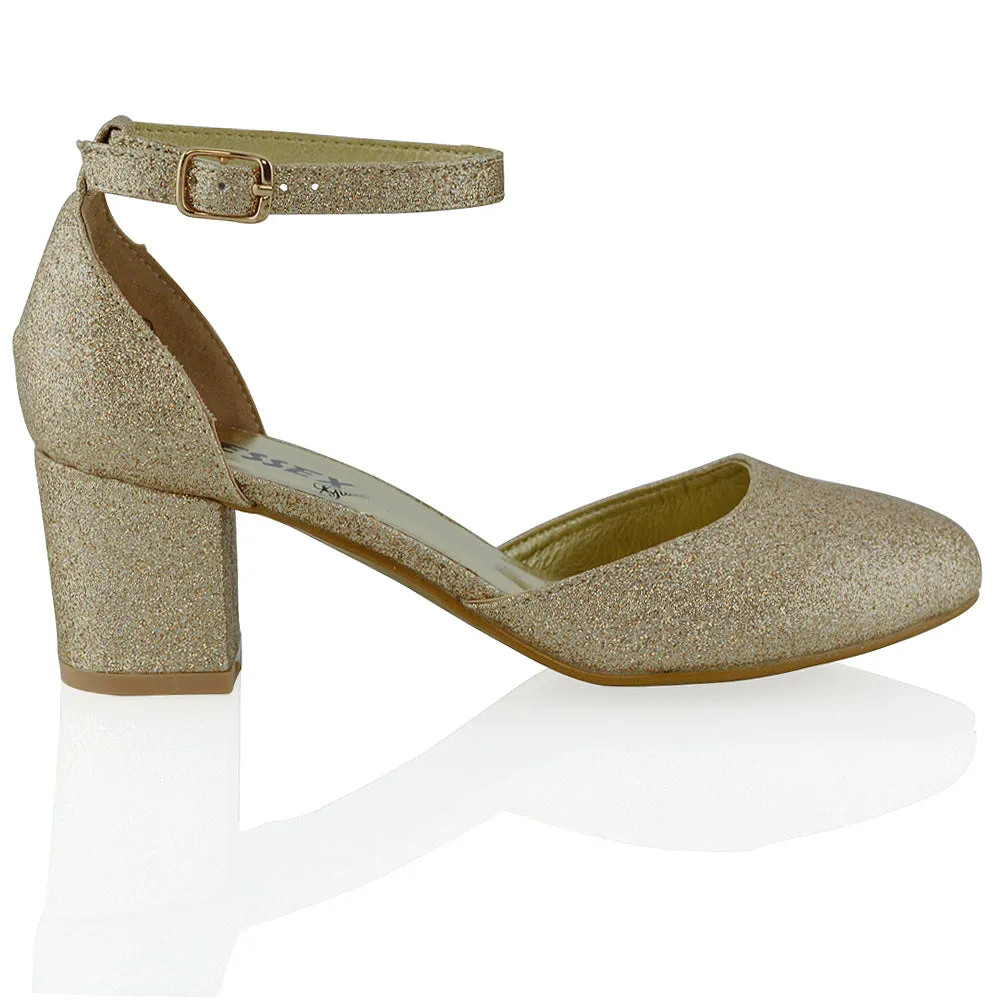 BILLIE-MAY CHUNKY STRAPPY MID BLOCK HIGH HEELS COURT SHOES IN GOLD GLITTER
