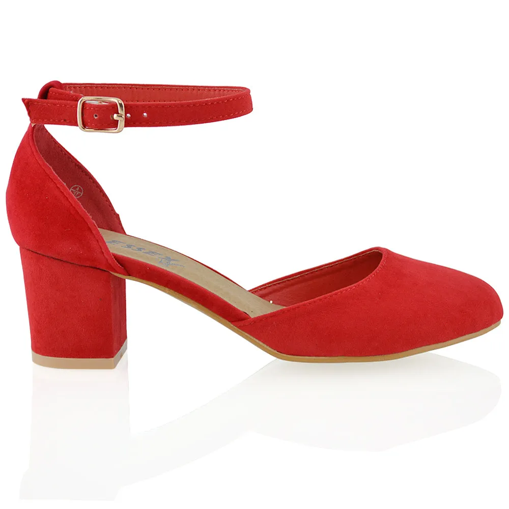 BILLIE-MAY CHUNKY STRAPPY MID BLOCK HIGH HEELS COURT SHOES IN RED