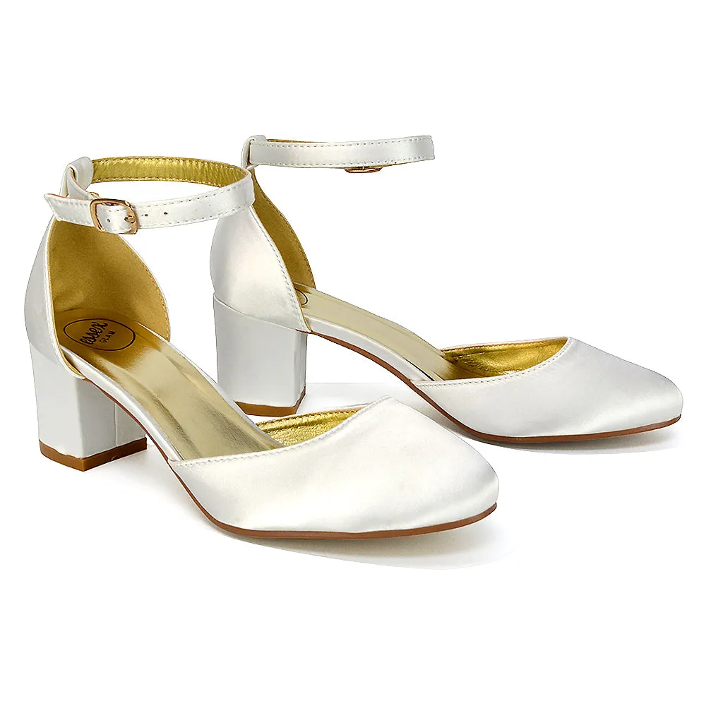 BILLIE-MAY CHUNKY STRAPPY MID BLOCK HIGH HEELS COURT SHOES IN WHITE