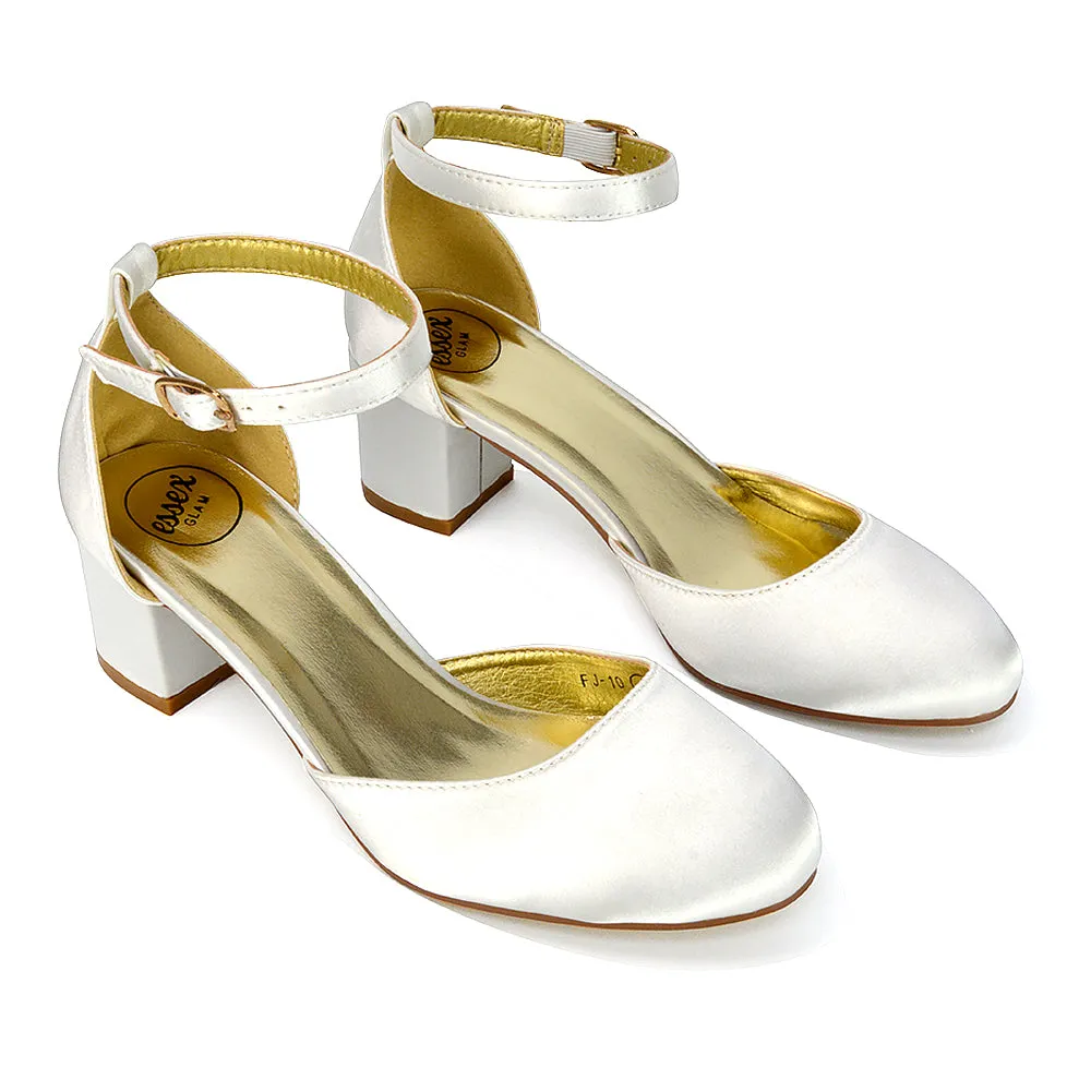 BILLIE-MAY CHUNKY STRAPPY MID BLOCK HIGH HEELS COURT SHOES IN WHITE