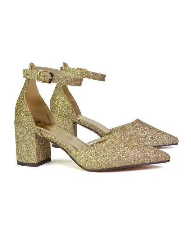 Bronte Pointed Toe Strappy Mid Block Heel Sandal Court Shoes in White