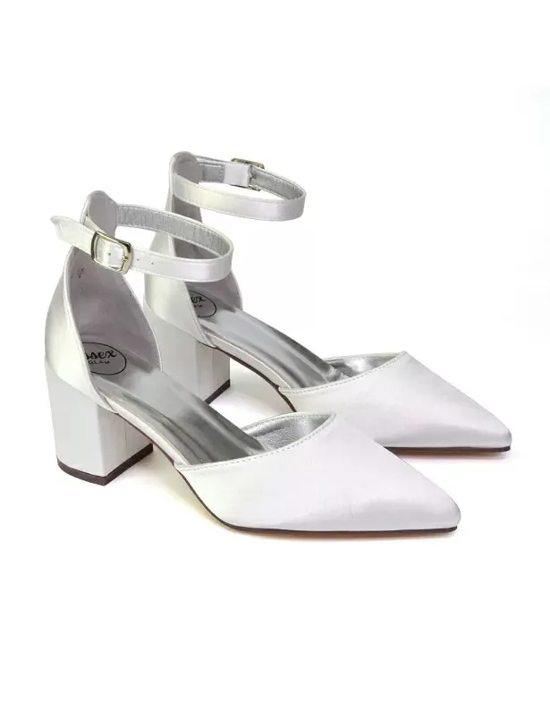 Bronte Pointed Toe Strappy Mid Block Heel Sandal Court Shoes in White