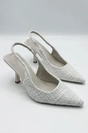 Cher Pointed Toe Tweed Sling back Court Shoe in Beige