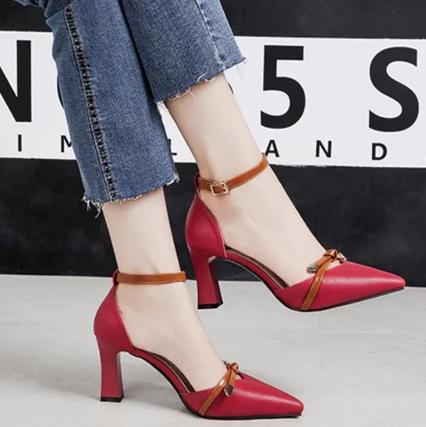 Chunky Heel Leather Adjust Buckle Pumps