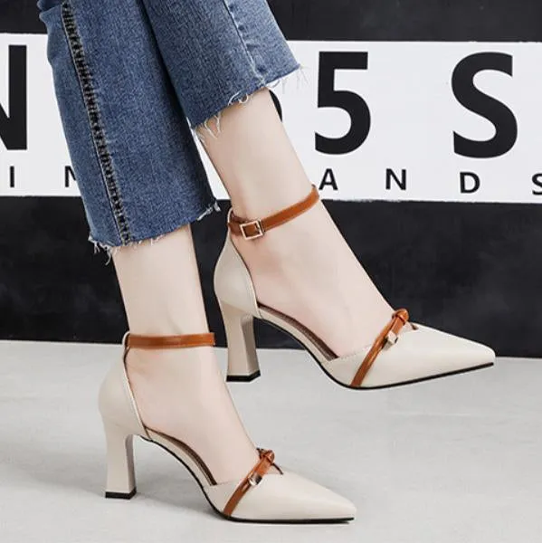 Chunky Heel Leather Adjust Buckle Pumps