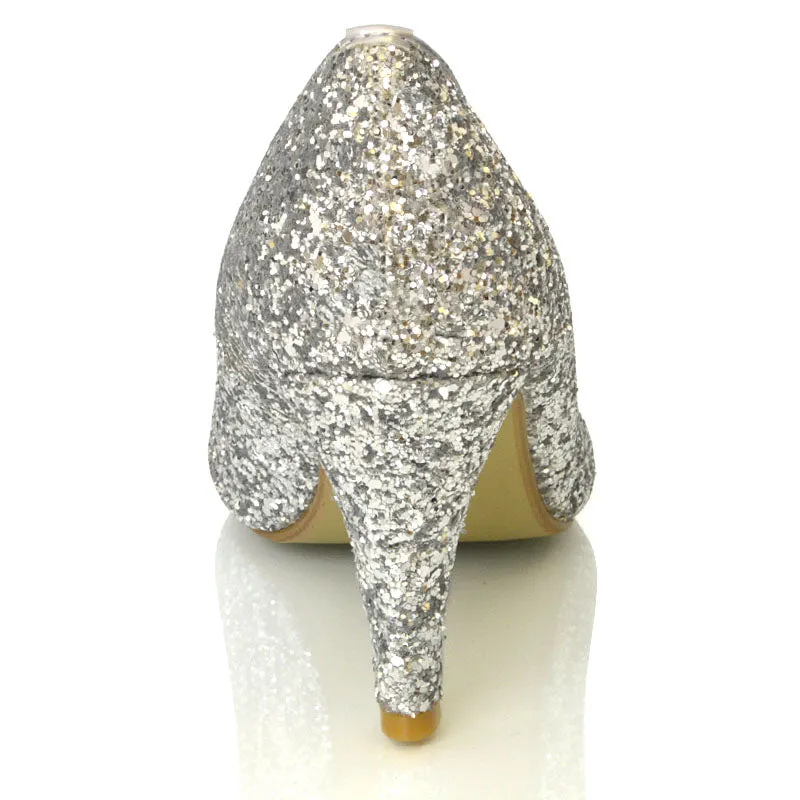 Dafney Pointed Closed Toe mid Stiletto High Heel Slip on Court Shoes in Silver Glitter