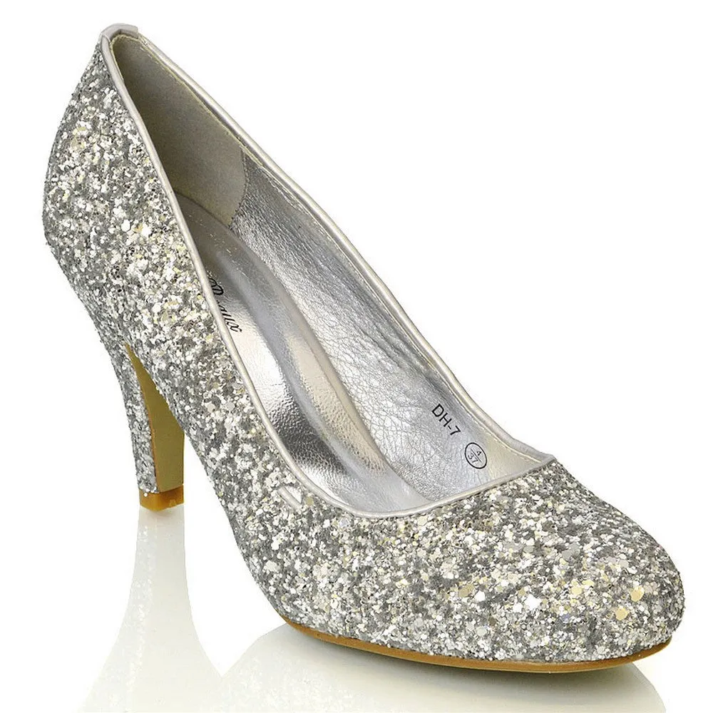 Dafney Pointed Closed Toe mid Stiletto High Heel Slip on Court Shoes in Silver Glitter