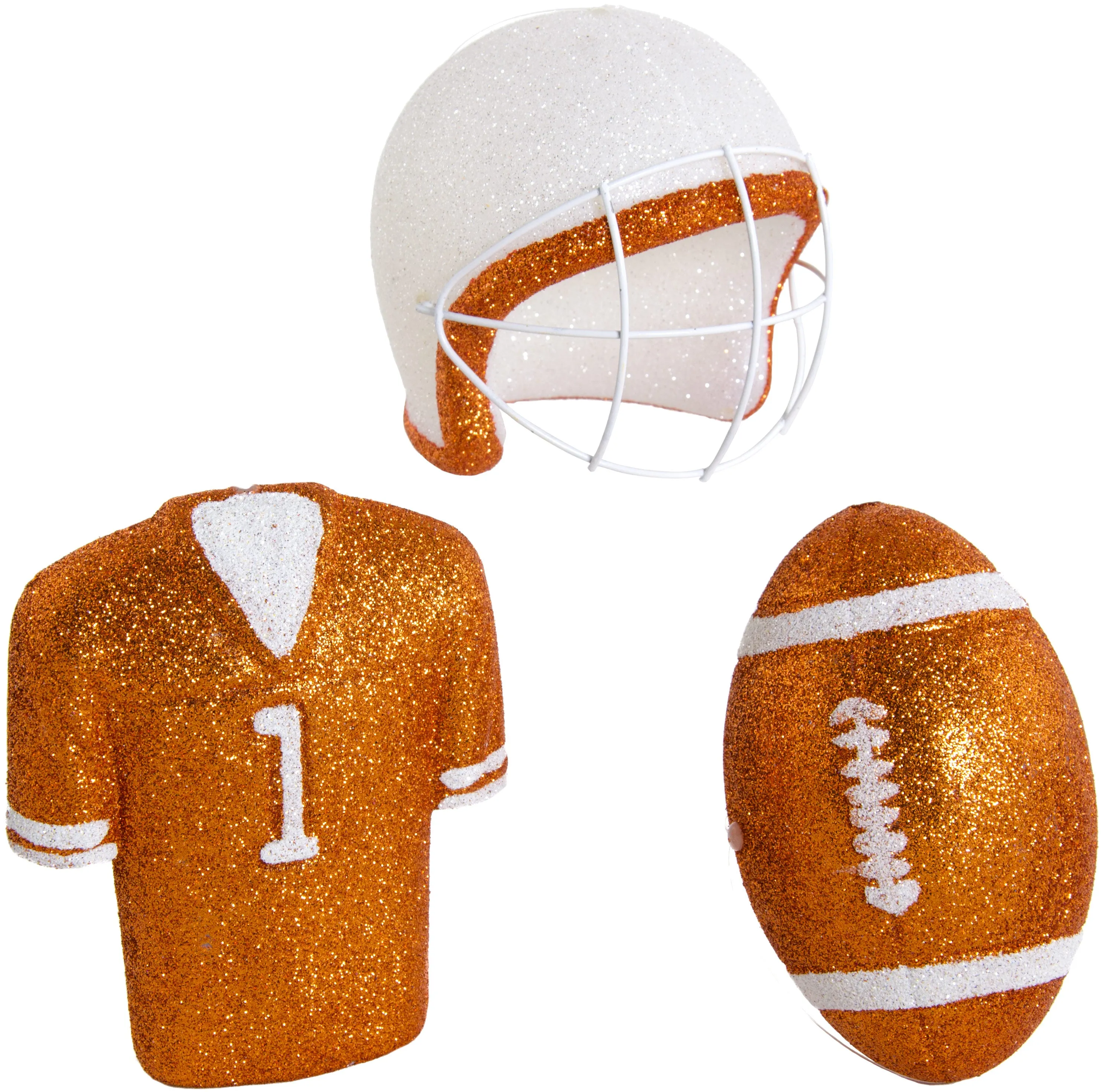 Glitter Football Ornament Assortment: Burnt Orange & White (Set of 3)