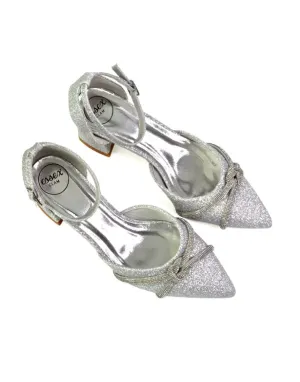 Gracie Diamante Strappy Mid Block Heel Sandals With a Pointed Toe in Silver