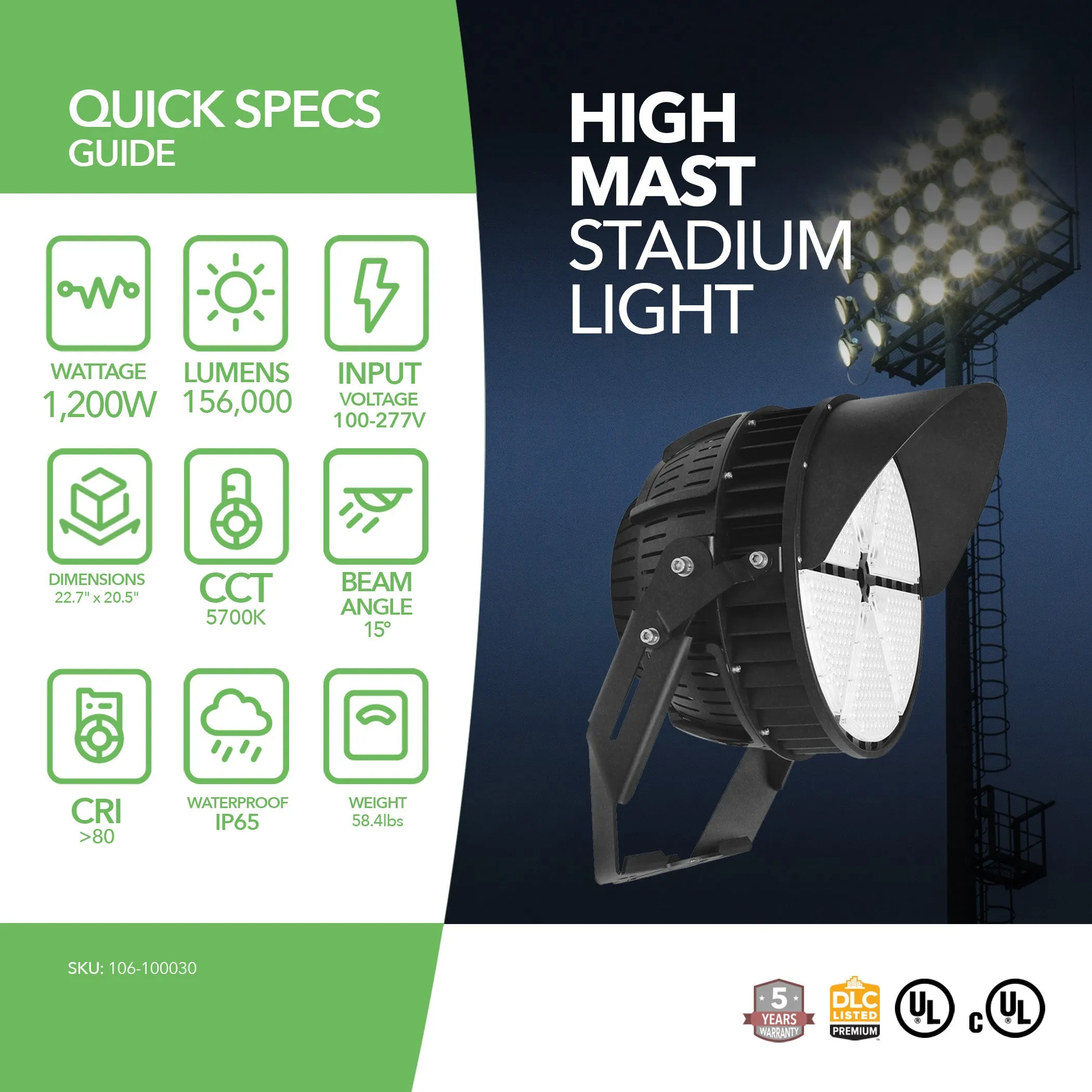 High Mast Led Stadium Light - 1200W - Sport Light - (DLC UL) - 5 Year Warranty