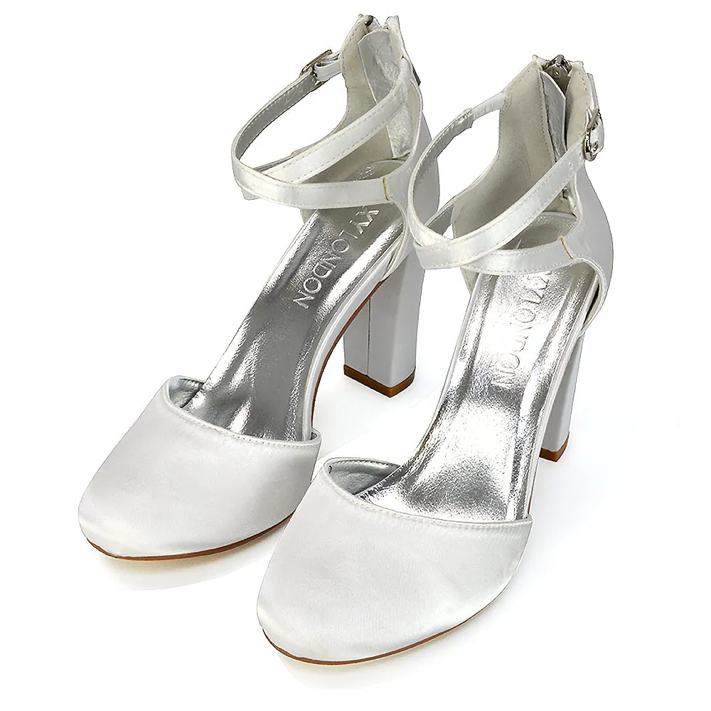 JENNA COURT SHOE ZIP UP BUCKLE DETAIL STRAPPY BLOCK HEELS IN WHITE SATIN