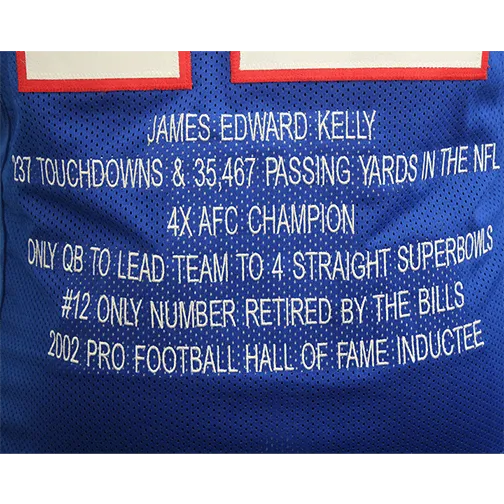 Jim Kelly Autographed Pro Style Football Jersey Blue STAT (BECKETT)