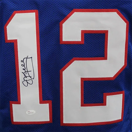 Jim Kelly Autographed Pro Style Football Jersey Blue STAT (BECKETT)