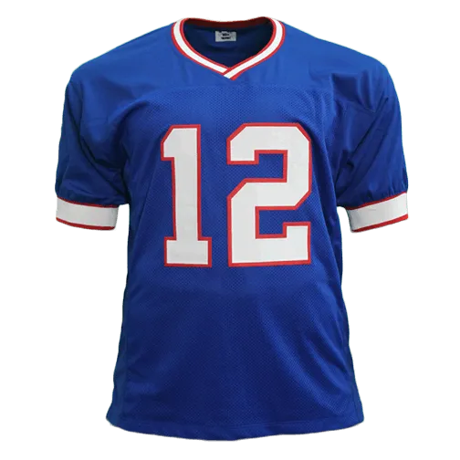 Jim Kelly Autographed Pro Style Football Jersey Blue STAT (BECKETT)