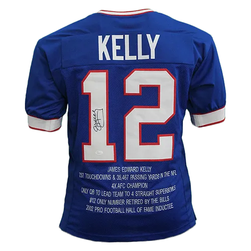 Jim Kelly Autographed Pro Style Football Jersey Blue STAT (BECKETT)