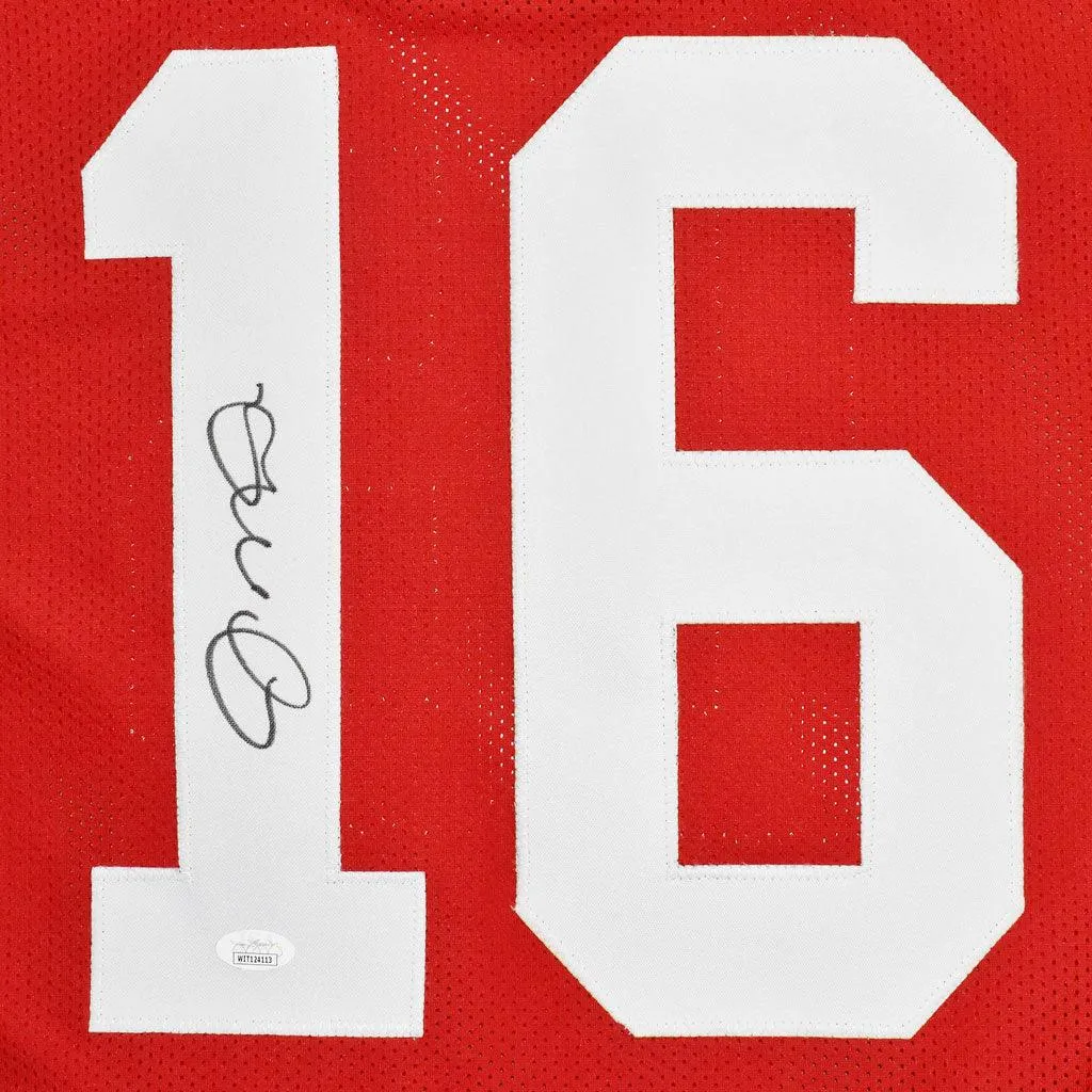 Joe Montana Autographed Pro Style Football Jersey Red Stat (JSA)