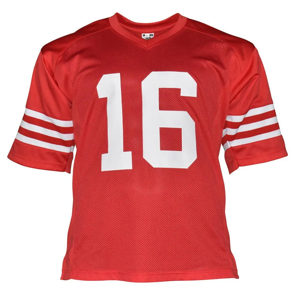 Joe Montana Autographed Pro Style Football Jersey Red Stat (JSA)