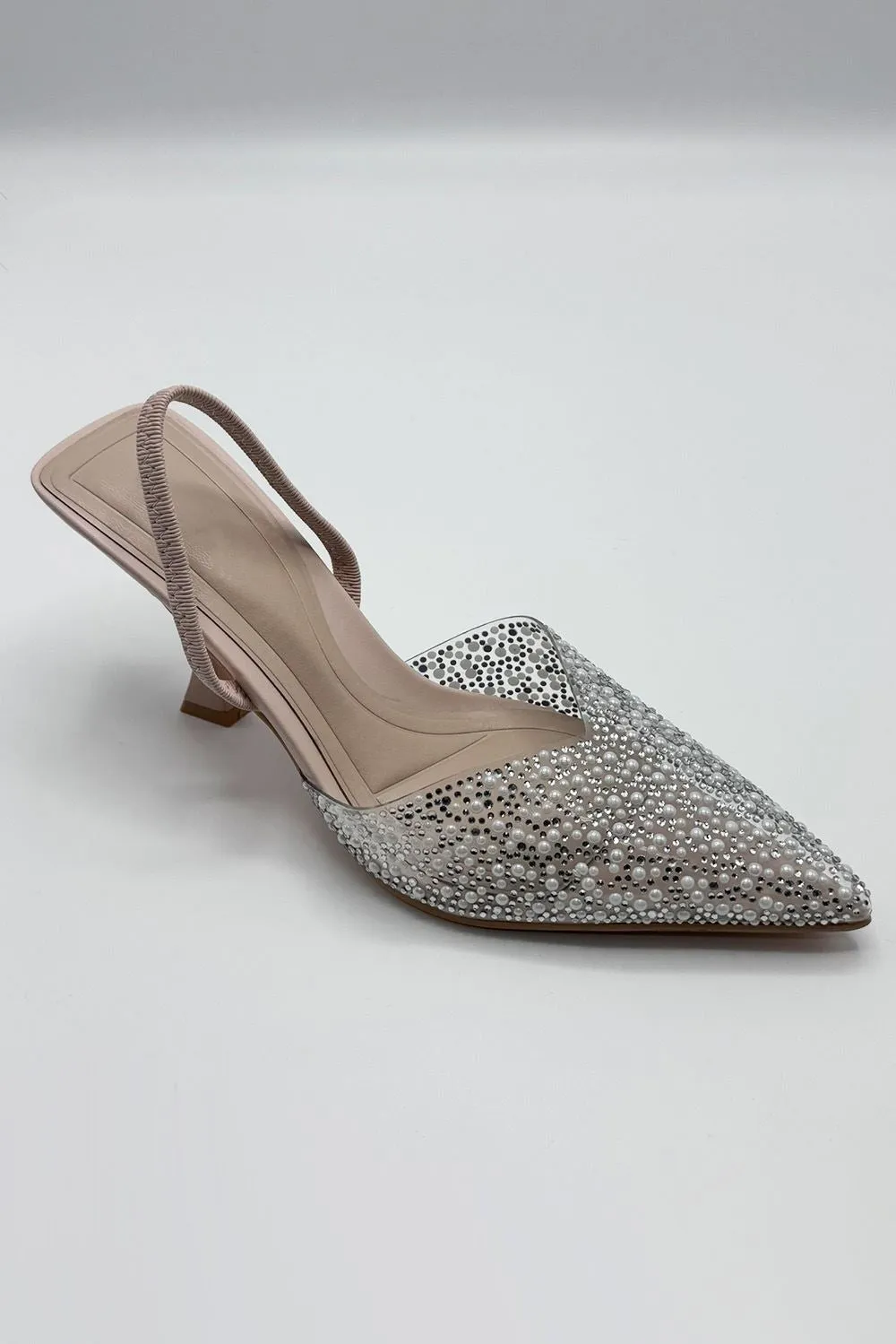 Juliana Pointed Toe Pearl Embellished Court Shoes in Nude