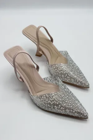 Juliana Pointed Toe Pearl Embellished Court Shoes in Nude