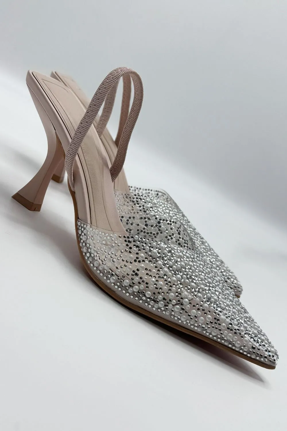 Juliana Pointed Toe Pearl Embellished Court Shoes in Nude