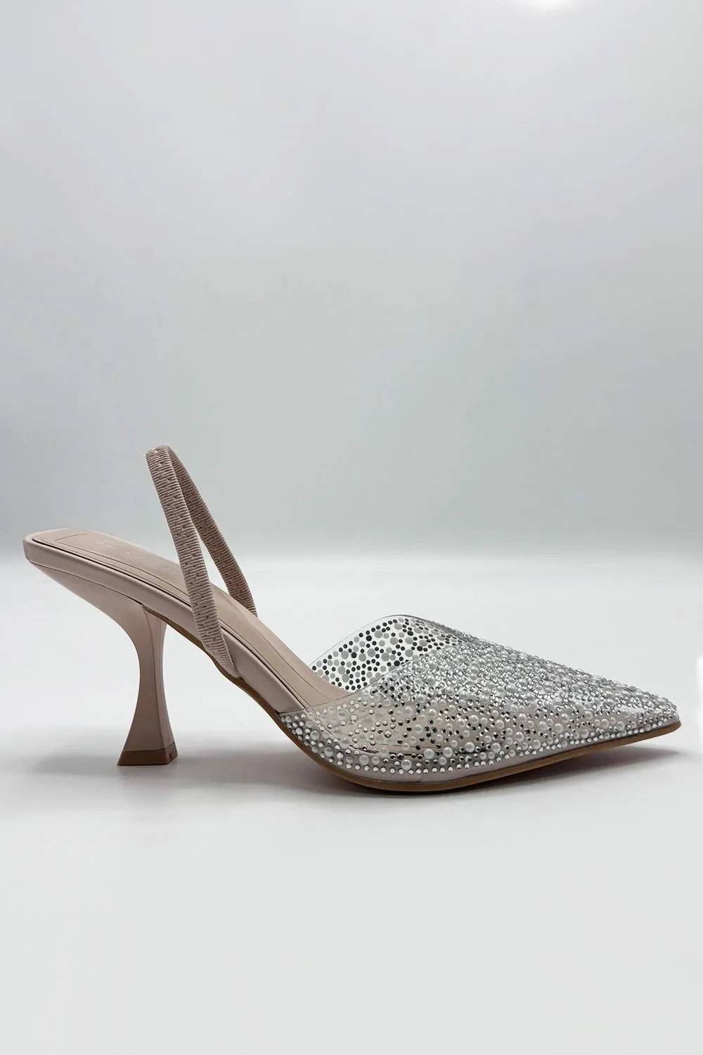 Juliana Pointed Toe Pearl Embellished Court Shoes in Nude