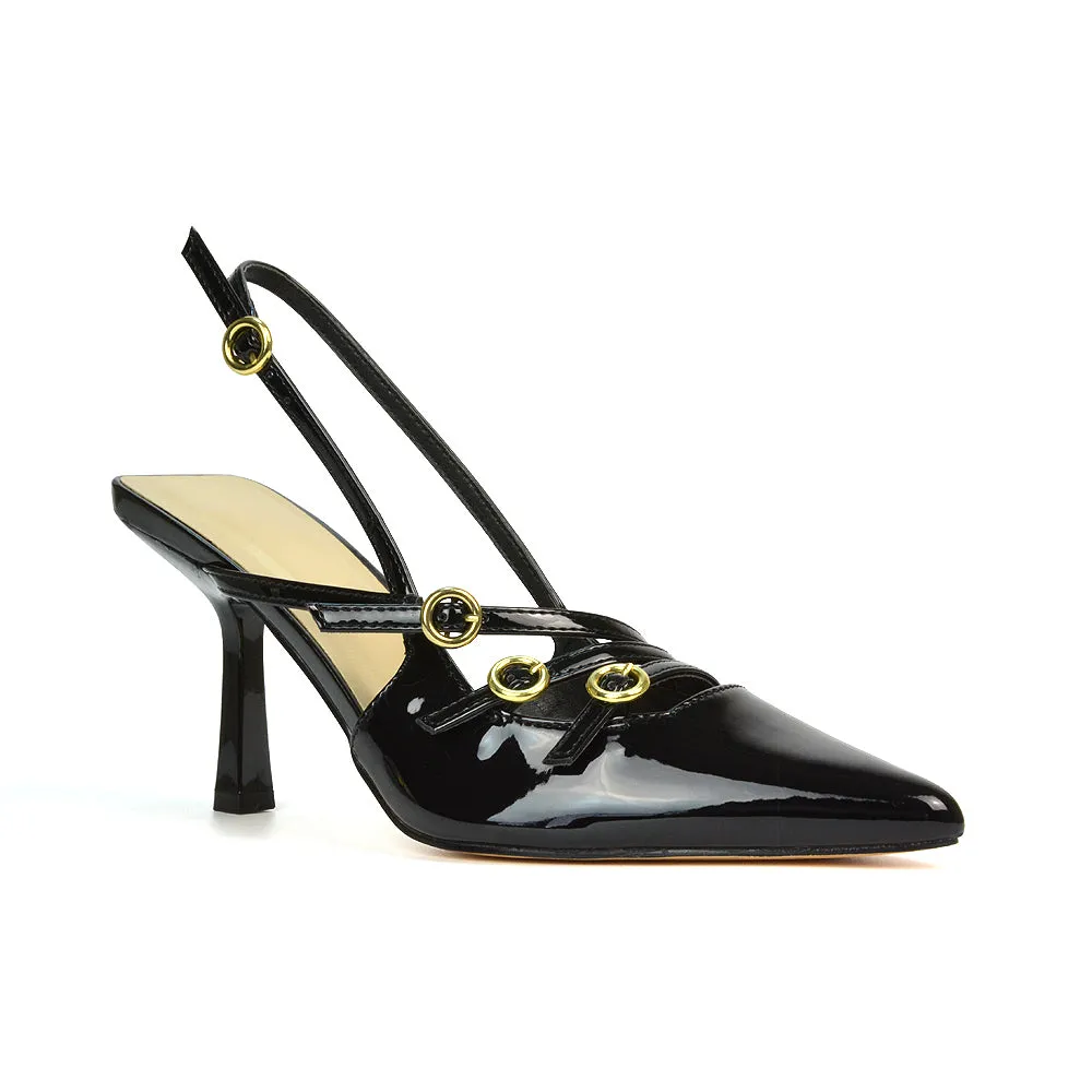 Kaylin Slingback Pointed Toe Stiletto High Heel Court Shoes in Black Patent