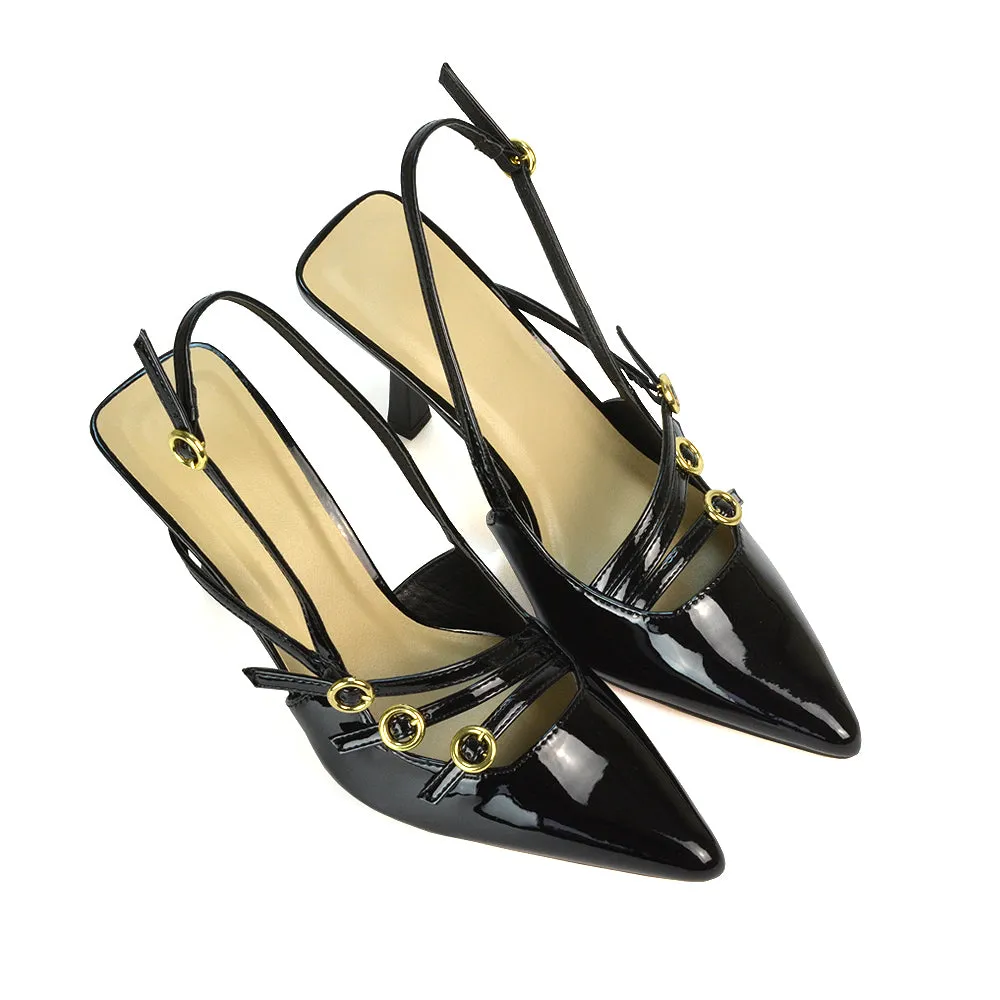 Kaylin Slingback Pointed Toe Stiletto High Heel Court Shoes in Black Patent