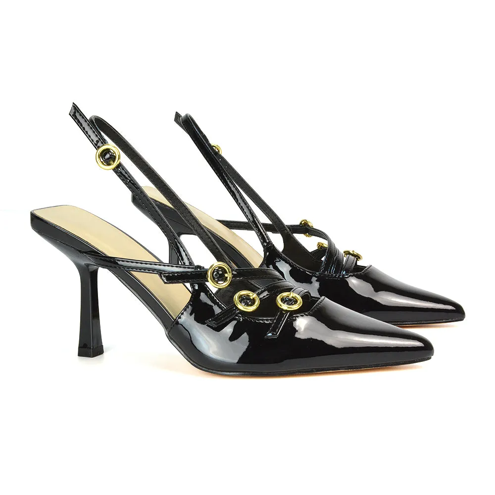 Kaylin Slingback Pointed Toe Stiletto High Heel Court Shoes in Black Patent