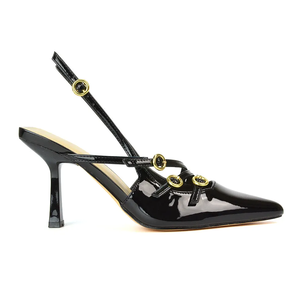 Kaylin Slingback Pointed Toe Stiletto High Heel Court Shoes in Black Patent