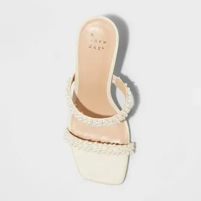 New - A New Day Women's 3" Chunky Block High Heel Slip On Mules Sandals Faux Pearls