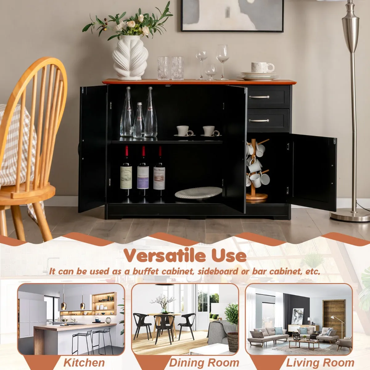 NNECW Buffet Sideboard Storage Cabinet with Spacious Table Top-Black