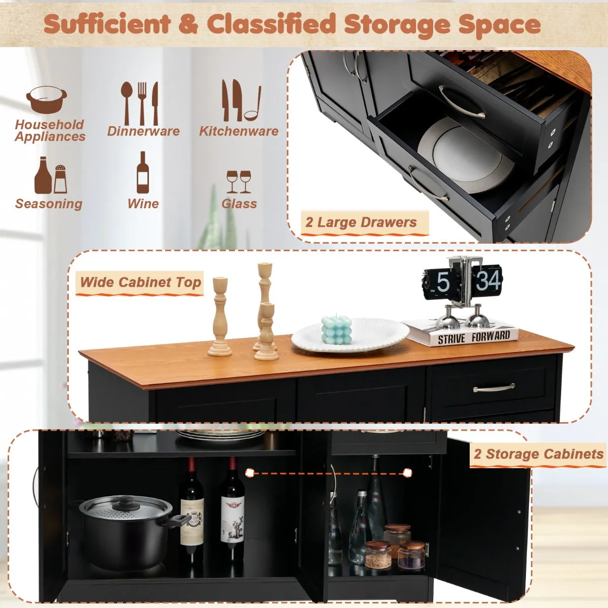 NNECW Buffet Sideboard Storage Cabinet with Spacious Table Top-Black
