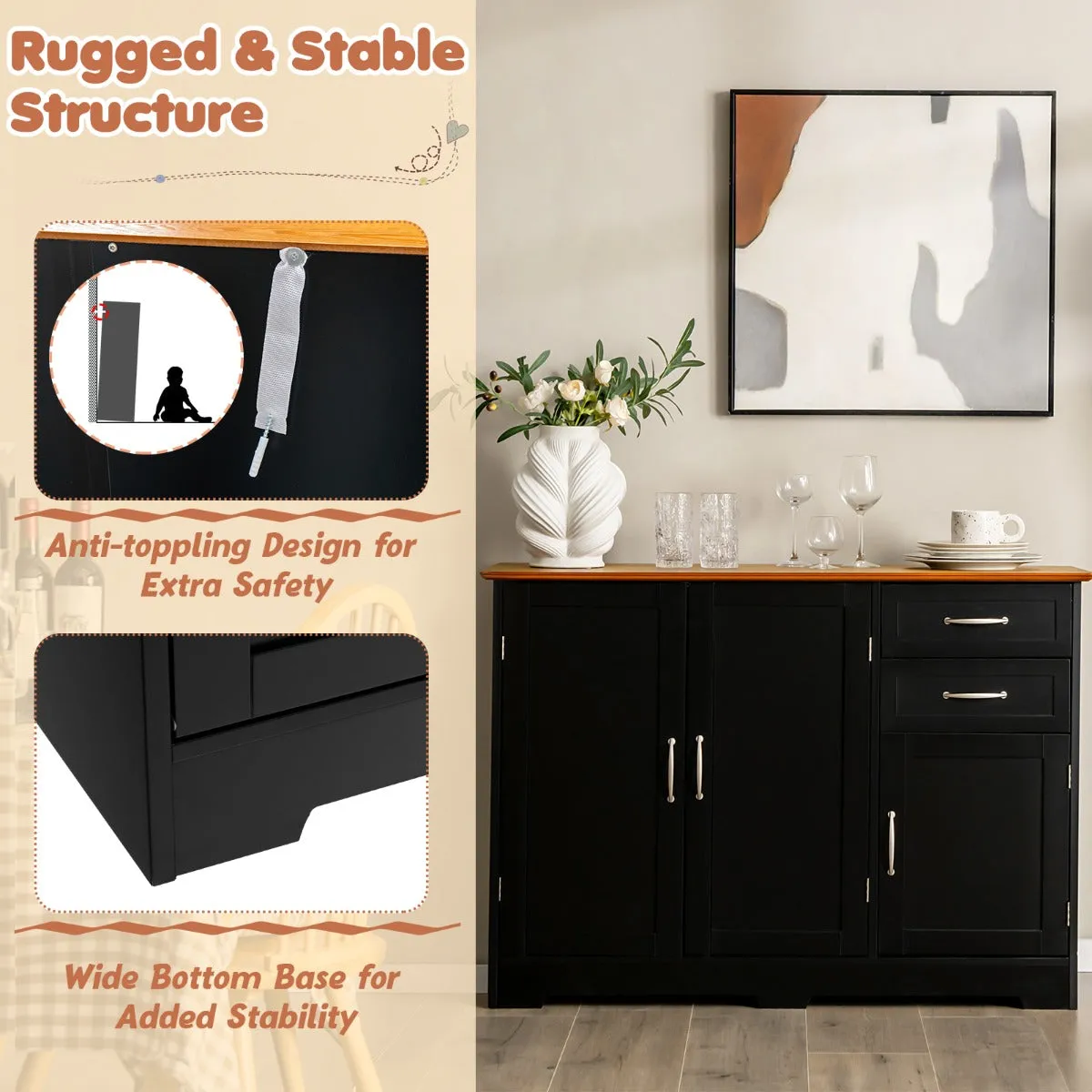 NNECW Buffet Sideboard Storage Cabinet with Spacious Table Top-Black