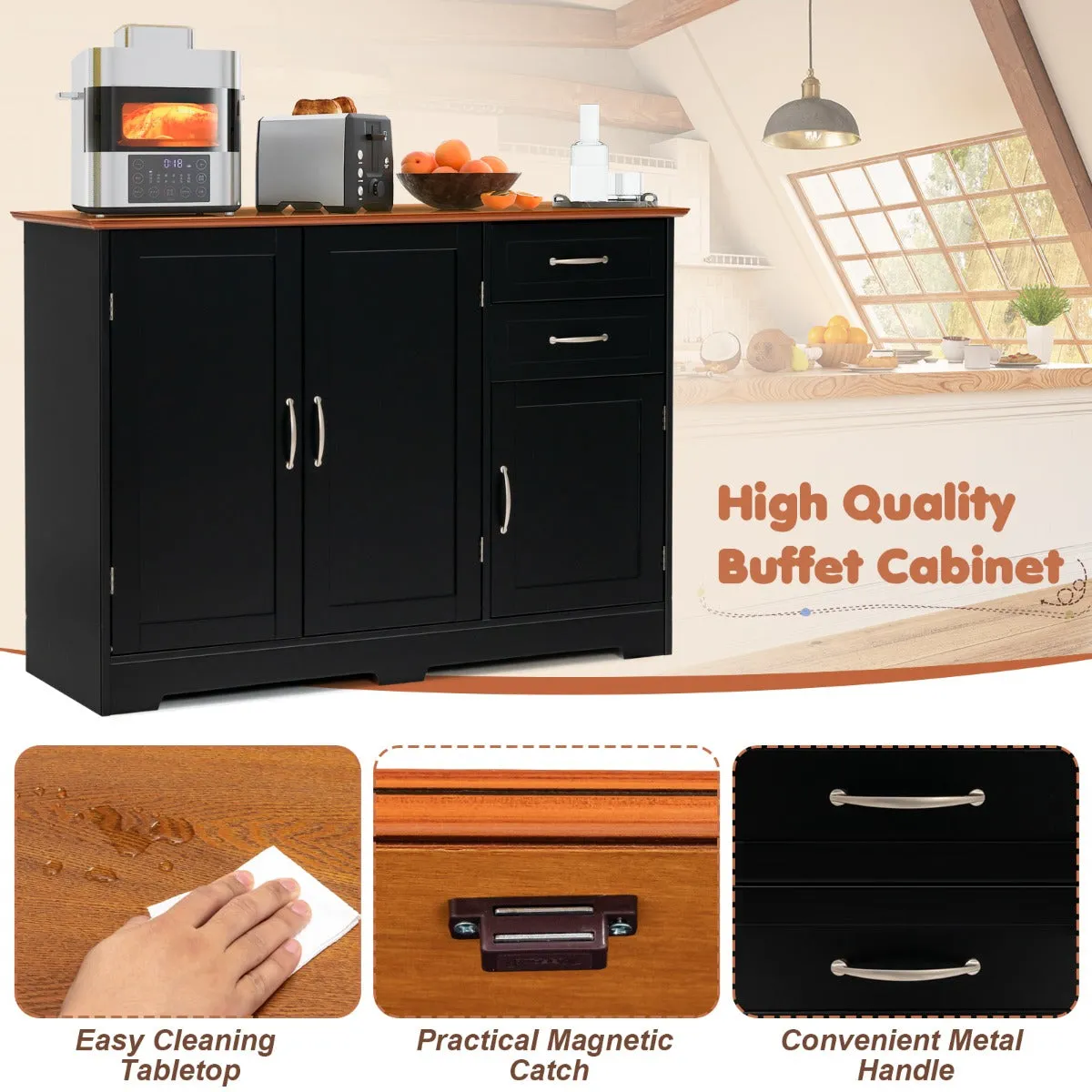 NNECW Buffet Sideboard Storage Cabinet with Spacious Table Top-Black