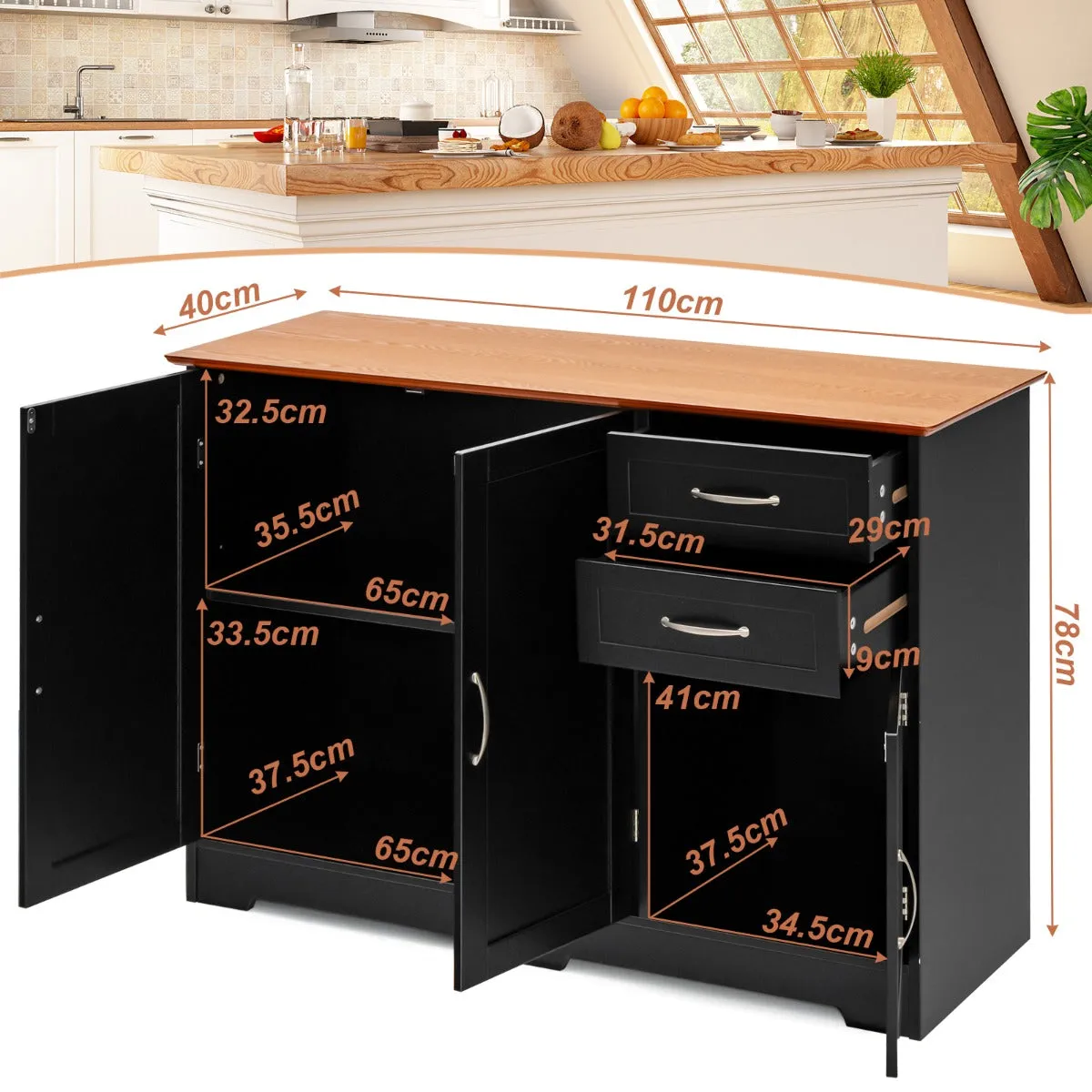 NNECW Buffet Sideboard Storage Cabinet with Spacious Table Top-Black