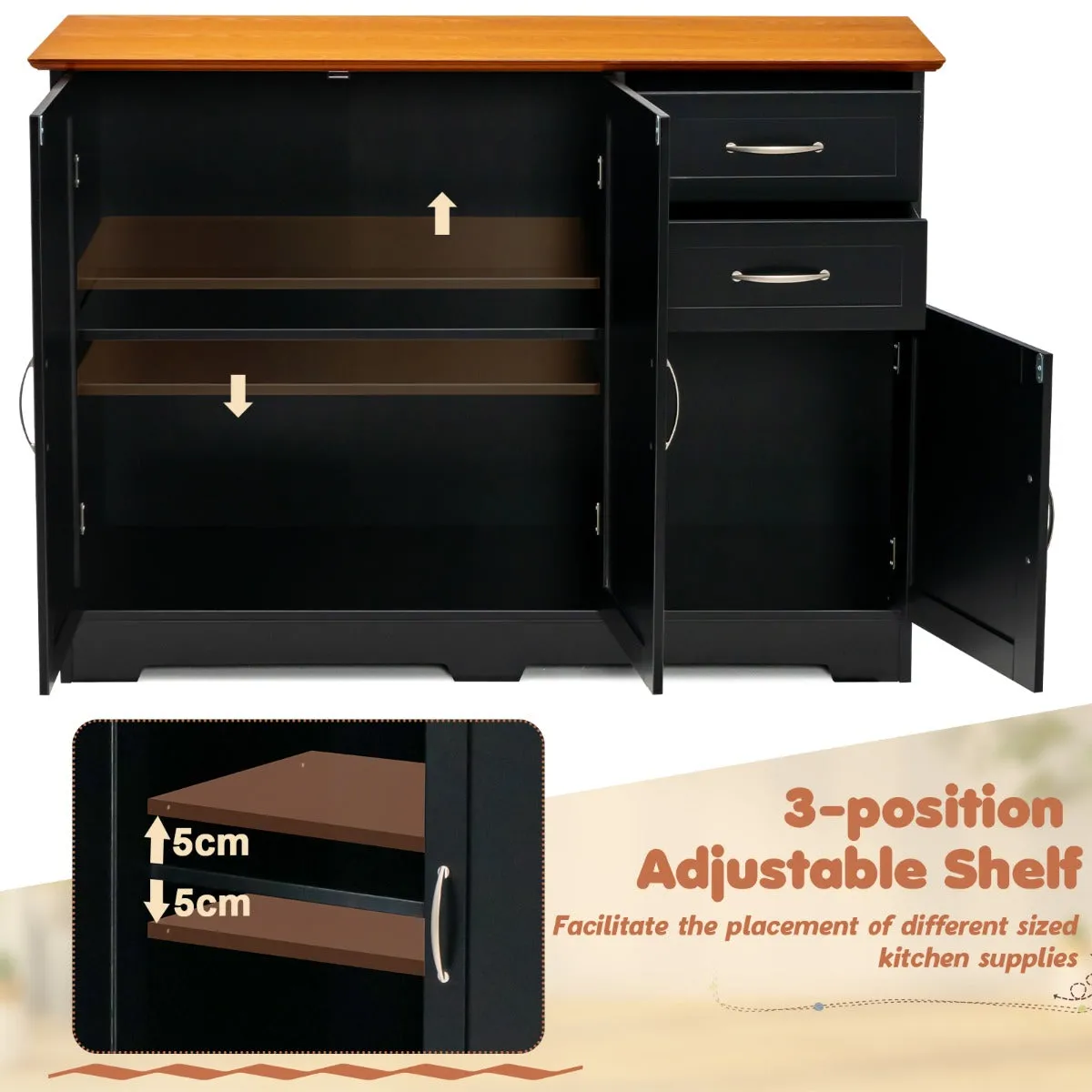 NNECW Buffet Sideboard Storage Cabinet with Spacious Table Top-Black