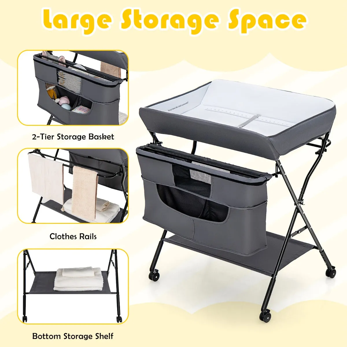 NNECW Foldable Baby Changing Table Portable Infant Nursery Stand Organizer