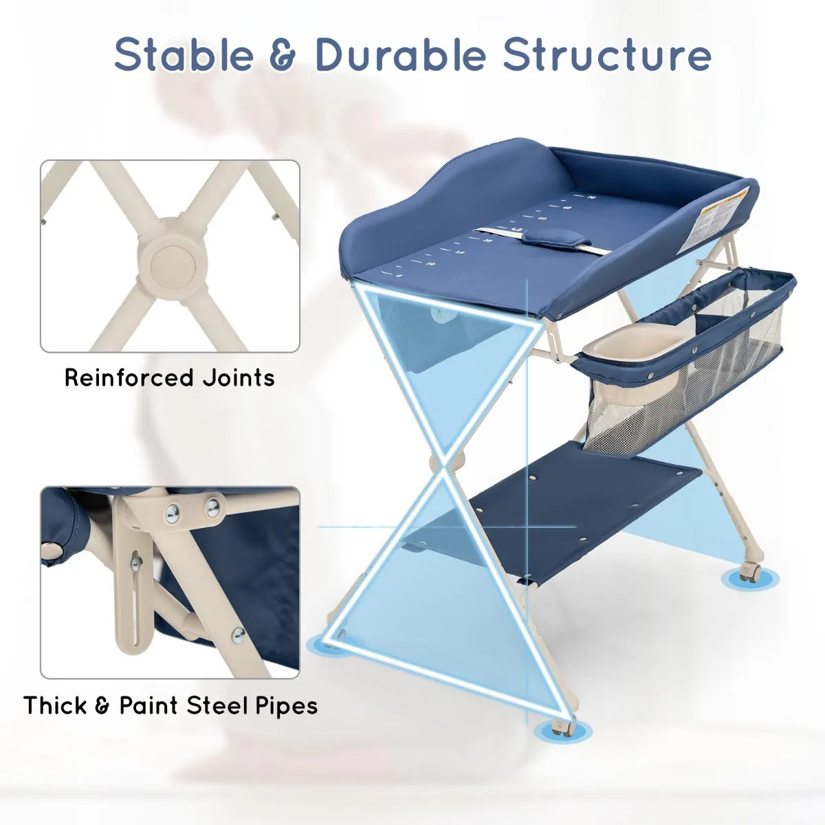 NNECW Foldable Diaper Changing Station Height Adjustable Changing Table with Lockable Wheels-Blue