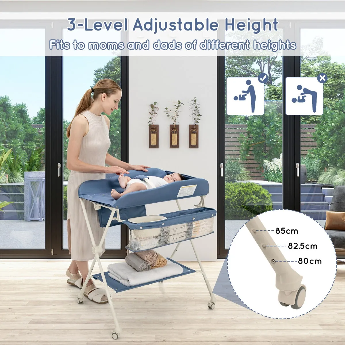 NNECW Foldable Diaper Changing Station Height Adjustable Changing Table with Lockable Wheels-Blue
