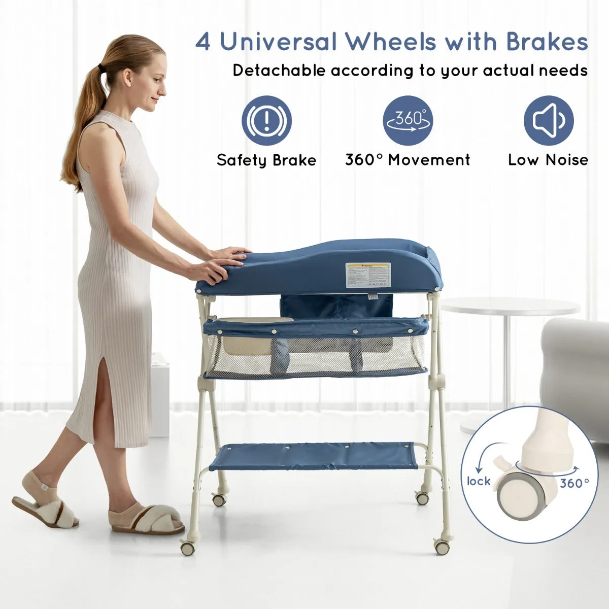 NNECW Foldable Diaper Changing Station Height Adjustable Changing Table with Lockable Wheels-Blue