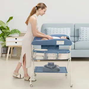 NNECW Foldable Diaper Changing Station Height Adjustable Changing Table with Lockable Wheels-Blue