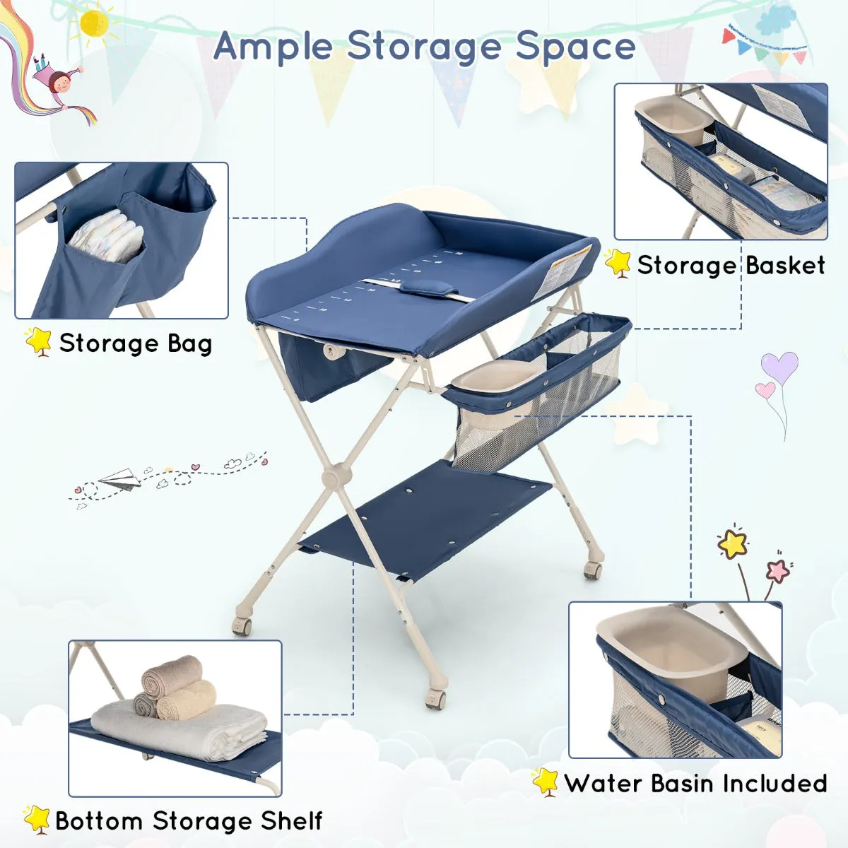 NNECW Foldable Diaper Changing Station Height Adjustable Changing Table with Lockable Wheels-Blue