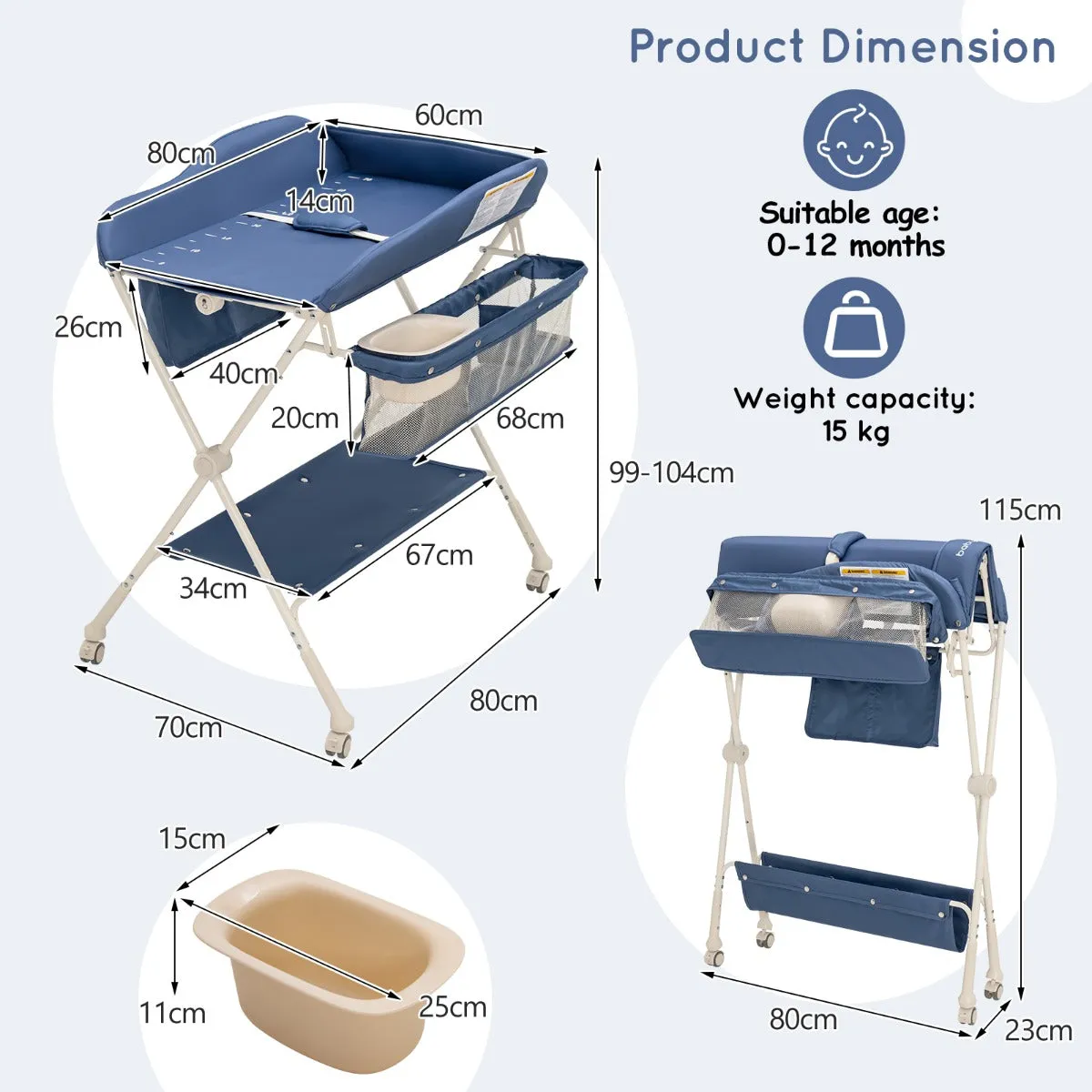 NNECW Foldable Diaper Changing Station Height Adjustable Changing Table with Lockable Wheels-Blue